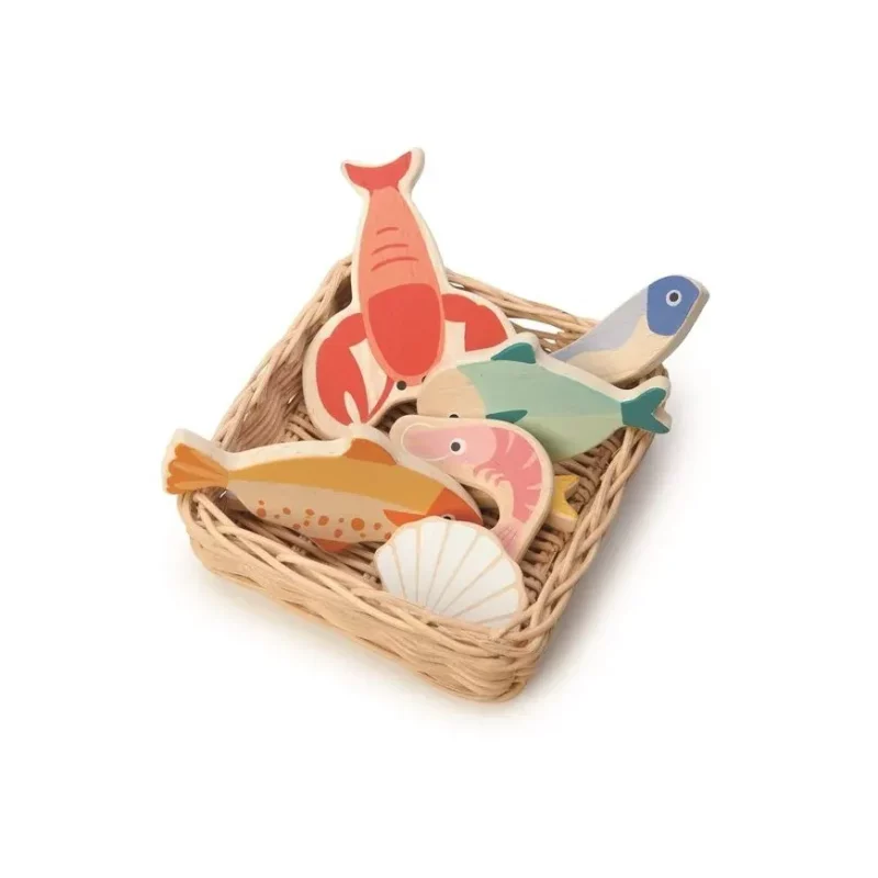 Wiklinowy koszyk z rybami i owocami morza, Tender Leaf Toys